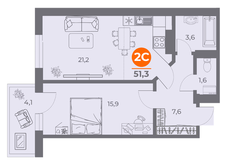 51,9 м², 2-комнатная квартира 6 747 000 ₽ - изображение 1