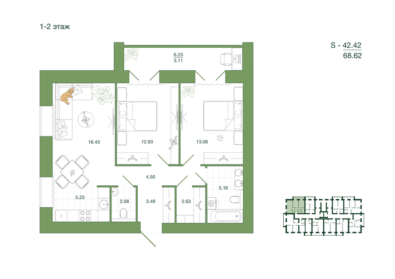 68,6 м², 2-комнатная квартира 6 244 420 ₽ - изображение 1
