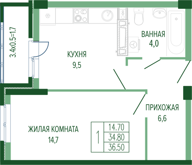 36,5 м², 1-комнатная квартира 8 082 925 ₽ - изображение 1