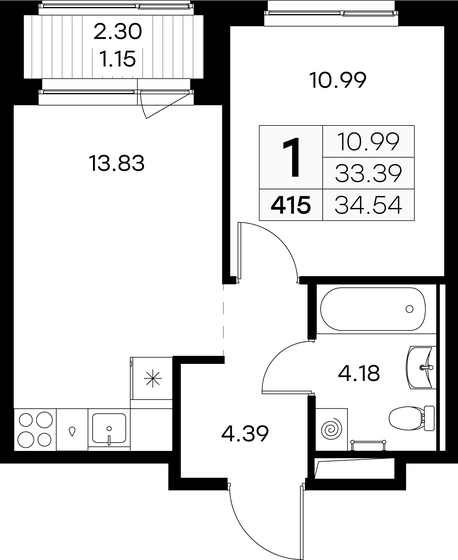 34,5 м², 1-комнатная квартира 5 109 999 ₽ - изображение 19