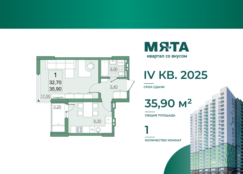 32,7 м², 1-комнатная квартира 4 120 200 ₽ - изображение 1