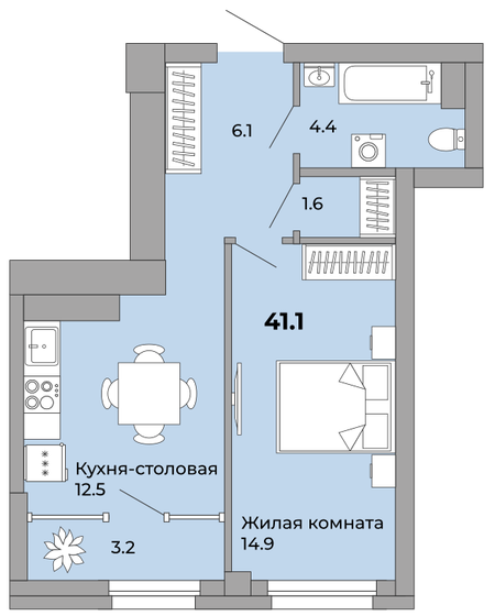 41,1 м², 1-комнатная квартира 6 063 400 ₽ - изображение 1