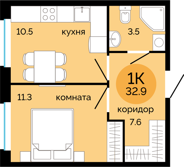 32,9 м², 1-комнатная квартира 4 410 000 ₽ - изображение 1