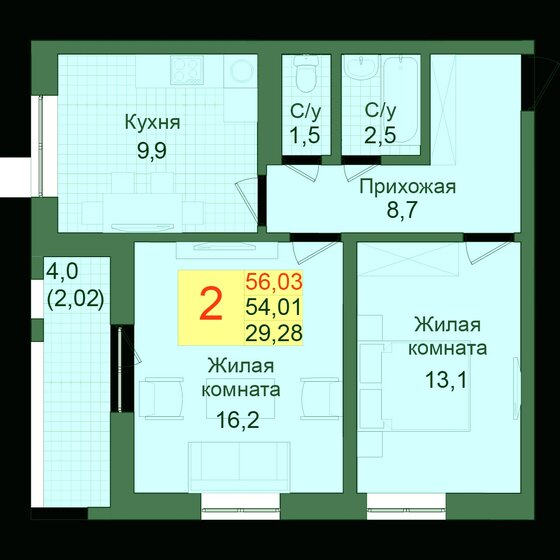 56 м², 2-комнатная квартира 4 891 890 ₽ - изображение 1