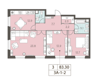 Квартира 83,2 м², 3-комнатная - изображение 1