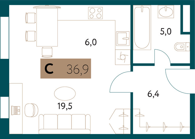 36,7 м², квартира-студия 21 984 868 ₽ - изображение 1