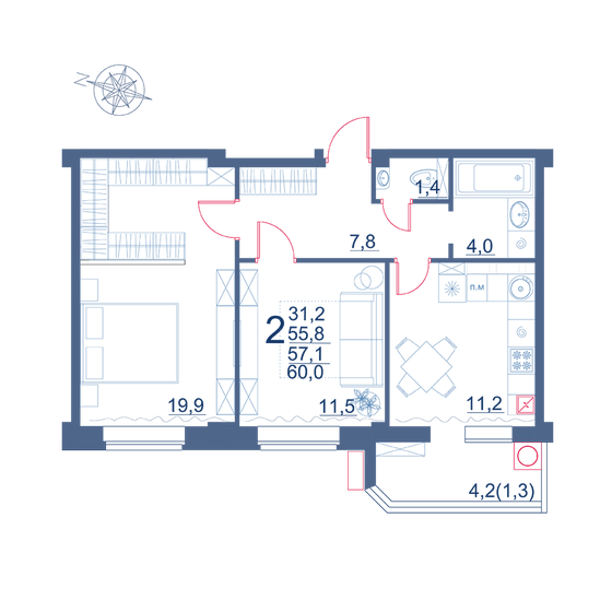60 м², 2-комнатная квартира 7 700 000 ₽ - изображение 1