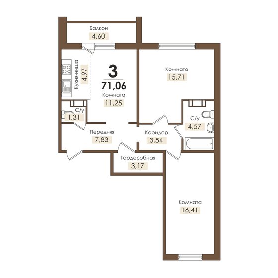 71 м², 3-комнатная квартира 5 805 602 ₽ - изображение 1