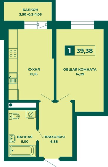 39,4 м², 1-комнатная квартира 4 646 840 ₽ - изображение 1