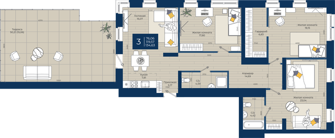 Квартира 134,6 м², 3-комнатная - изображение 1