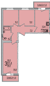 Квартира 61,4 м², 3-комнатная - изображение 1
