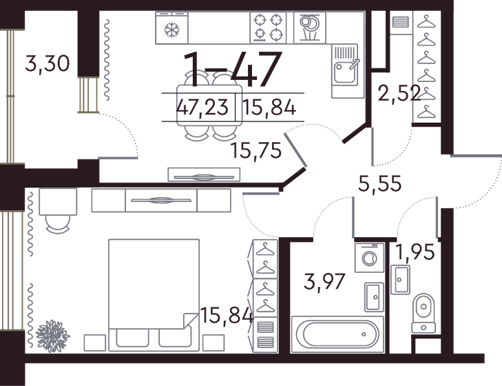 47,3 м², 1-комнатная квартира 21 542 550 ₽ - изображение 1