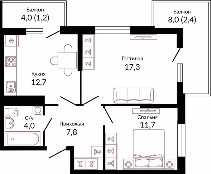 57,1 м², 2-комнатная квартира 7 725 630 ₽ - изображение 1