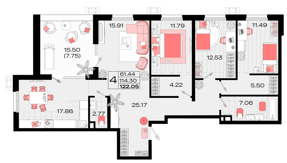 122,1 м², 4-комнатная квартира 15 799 372 ₽ - изображение 1