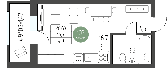 Квартира 30,1 м², студия - изображение 1