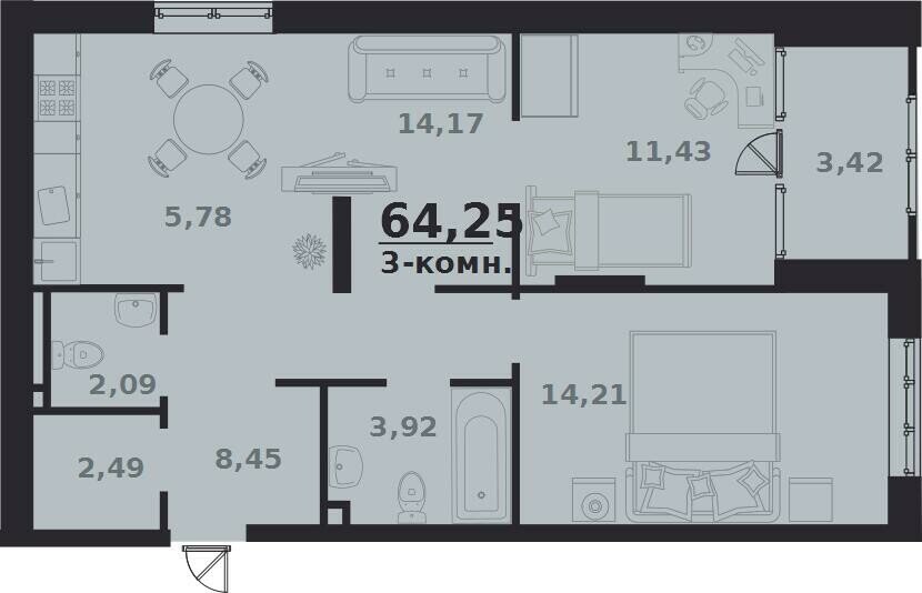 64,3 м², 3-комнатная квартира 6 103 750 ₽ - изображение 1