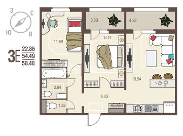 Квартира 58,5 м², 2-комнатная - изображение 1