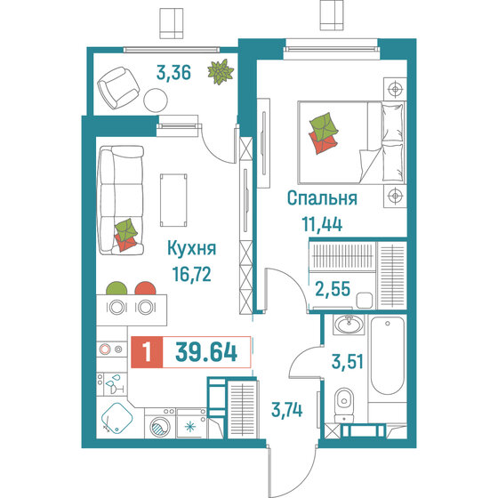 39,6 м², 1-комнатная квартира 7 864 576 ₽ - изображение 1