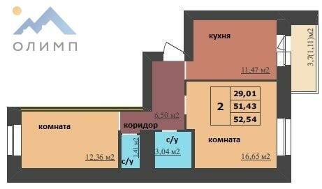 52,5 м², 2-комнатная квартира 3 993 040 ₽ - изображение 1