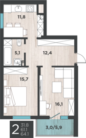 Квартира 64,1 м², 2-комнатная - изображение 1