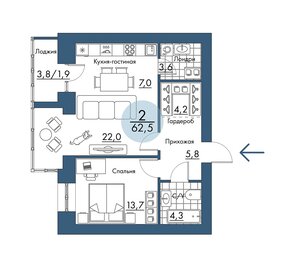 Квартира 62,5 м², 2-комнатная - изображение 1