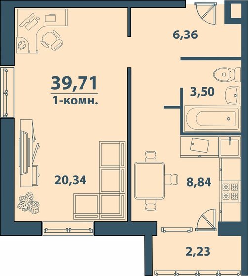 39,7 м², 1-комнатная квартира 3 295 930 ₽ - изображение 1