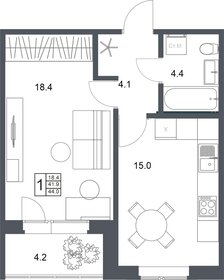 Квартира 44 м², 1-комнатная - изображение 1