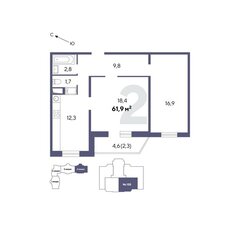 Квартира 61,9 м², 2-комнатная - изображение 2