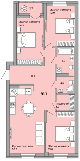 91,1 м², 3-комнатная квартира 9 838 800 ₽ - изображение 21