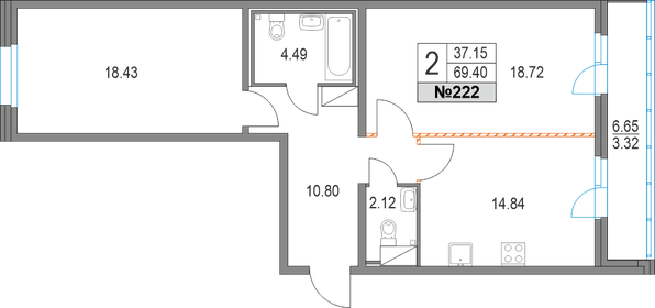 Квартира 69,4 м², 2-комнатная - изображение 1