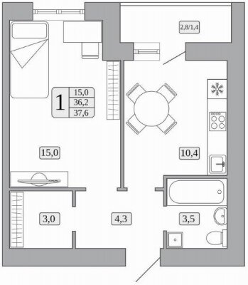 36,2 м², 1-комнатная квартира 4 311 000 ₽ - изображение 1