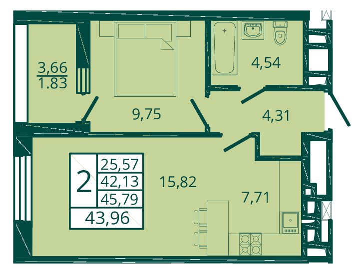 44 м², 2-комнатная квартира 7 077 560 ₽ - изображение 1