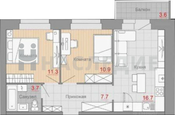53,8 м², 2-комнатная квартира 9 700 000 ₽ - изображение 1