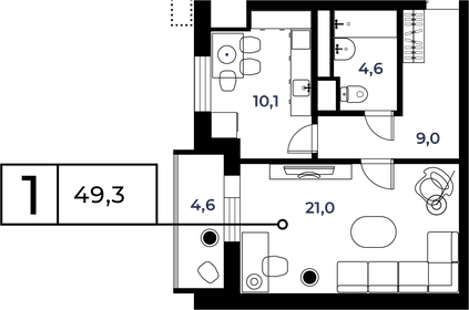 Квартира 49,3 м², 1-комнатная - изображение 1