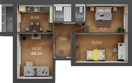 Квартира 66,2 м², 3-комнатная - изображение 1