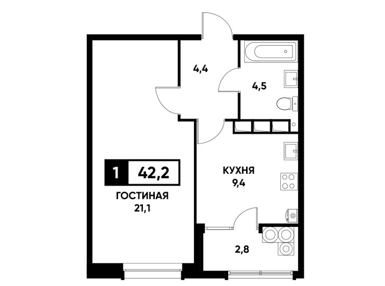 42,2 м², 1-комнатная квартира 4 422 560 ₽ - изображение 1