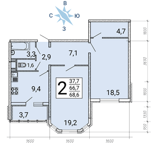 Квартира 68,6 м², 2-комнатная - изображение 1