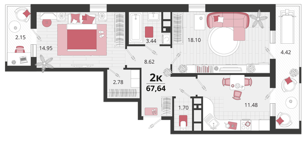 67,6 м², 2-комнатная квартира 9 334 320 ₽ - изображение 10