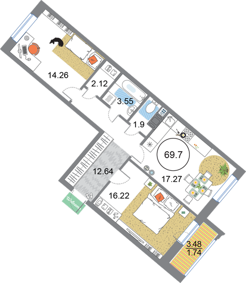 69,7 м², 2-комнатная квартира 19 509 030 ₽ - изображение 1