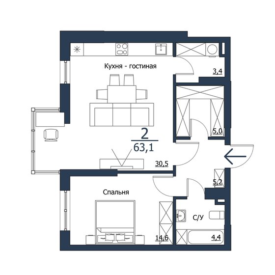 63,1 м², 2-комнатная квартира 10 474 600 ₽ - изображение 1