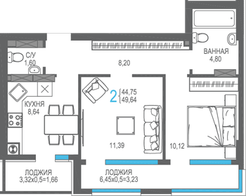 Квартира 49,6 м², 2-комнатная - изображение 1