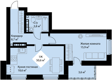 48,9 м², 1-комнатная квартира 7 140 000 ₽ - изображение 73