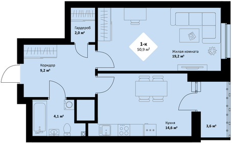50,8 м², 1-комнатная квартира 7 620 000 ₽ - изображение 23