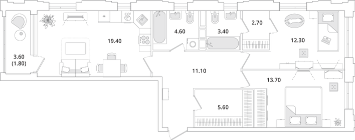 Квартира 74,6 м², 2-комнатная - изображение 1