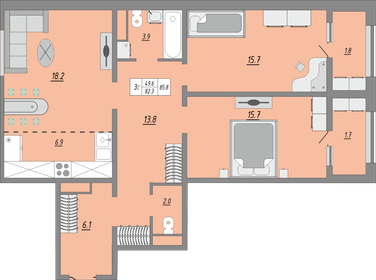 Квартира 85,8 м², 3-комнатная - изображение 1