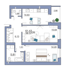60 м², 2-комнатная квартира 5 405 500 ₽ - изображение 14
