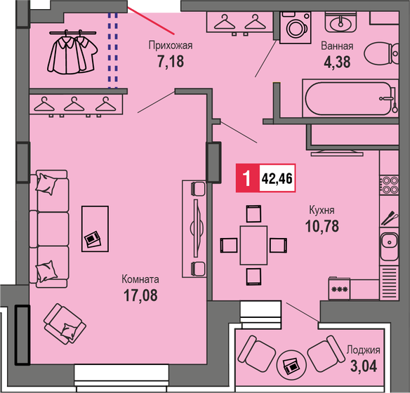 42,5 м², 1-комнатная квартира 4 415 840 ₽ - изображение 1