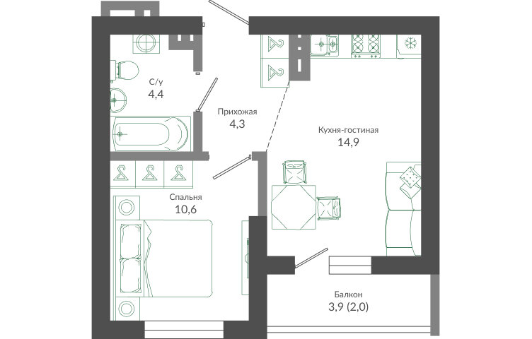 36,2 м², 1-комнатная квартира 15 914 300 ₽ - изображение 1