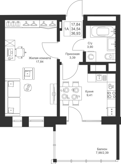 36,9 м², 1-комнатная квартира 6 499 680 ₽ - изображение 1