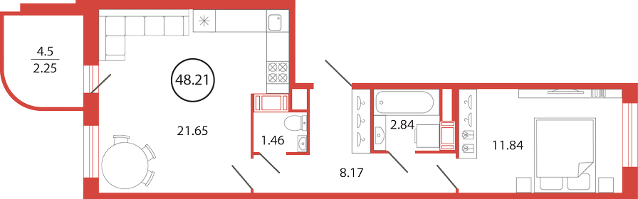 Квартира 48,2 м², 1-комнатная - изображение 1